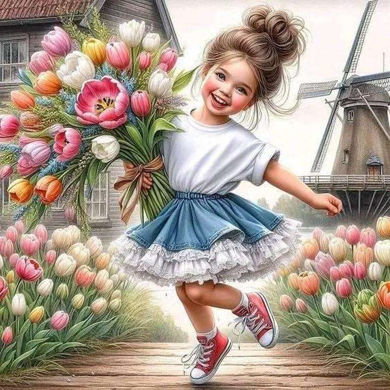 Mała dziewczynka z dużym bukietem tulipanów puzzle online