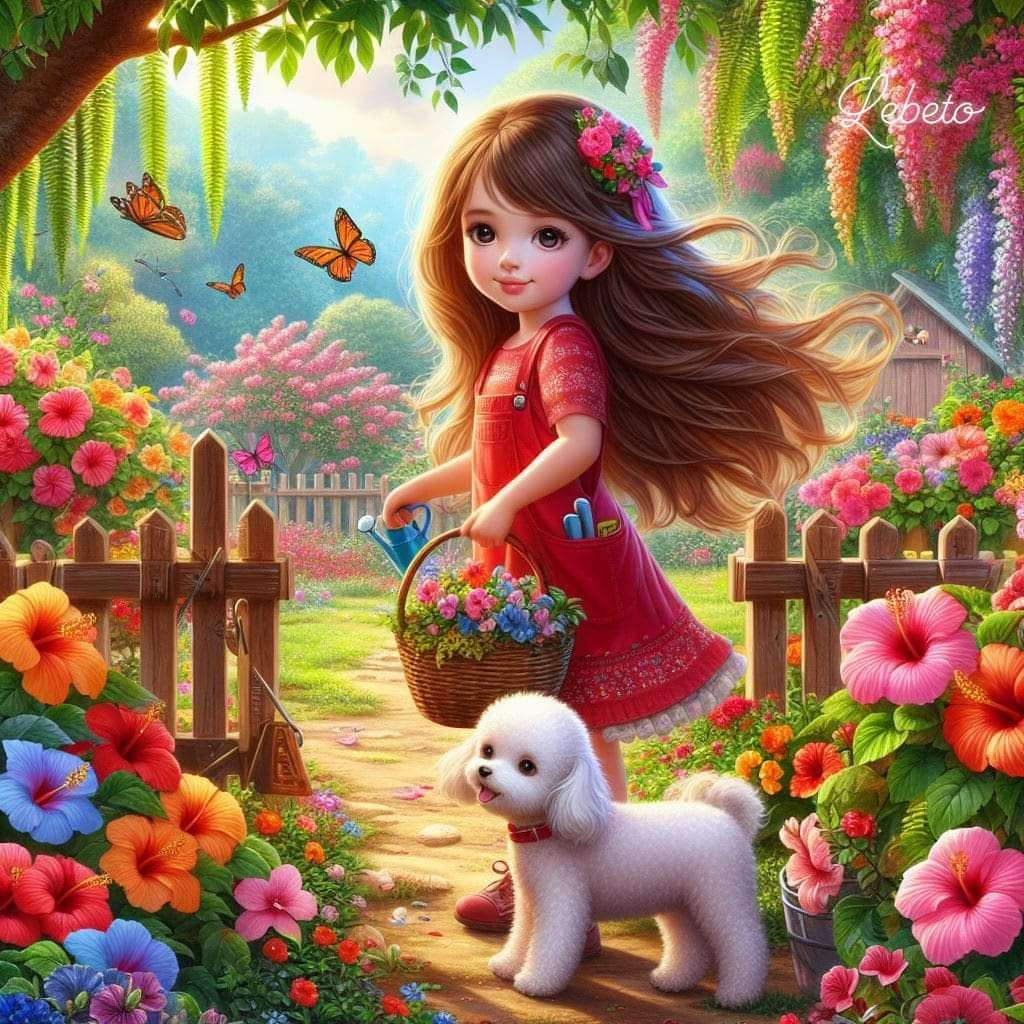 Dziewczyna w ogrodzie kwiatowym puzzle online