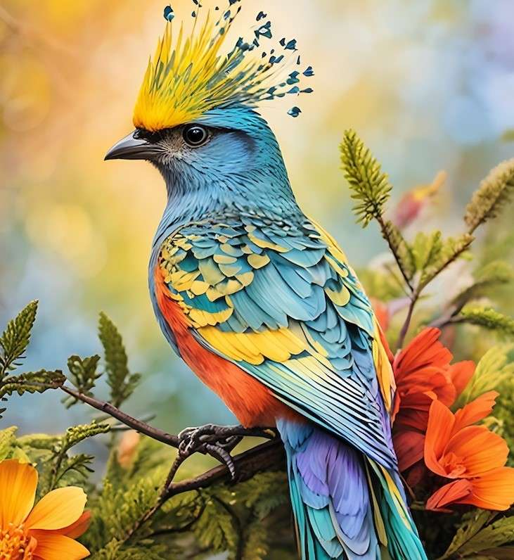 Kolorowy ptak z czubem na ukwieconej gałązce puzzle online