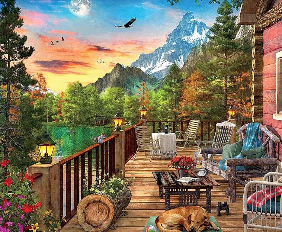 Dom z tarasem nad jeziorem puzzle online