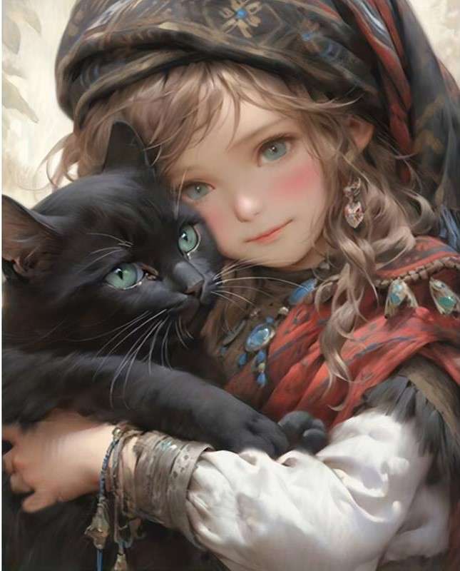 portret dziewczynki z kotem puzzle online