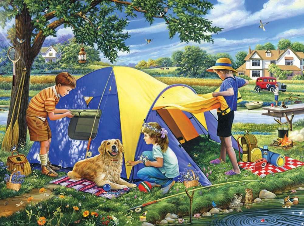Dzieci pod namiotem przy rzece puzzle online