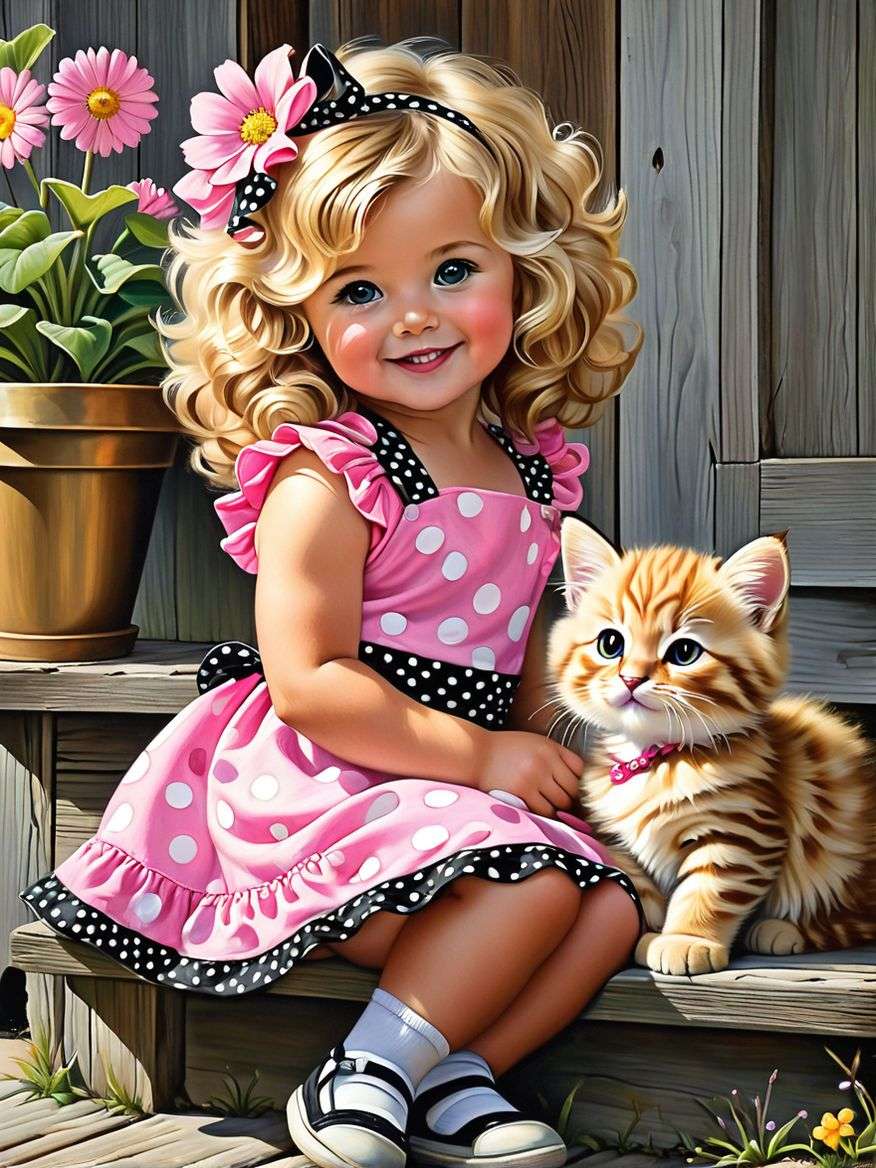 mała dziewczynka i kotek puzzle online