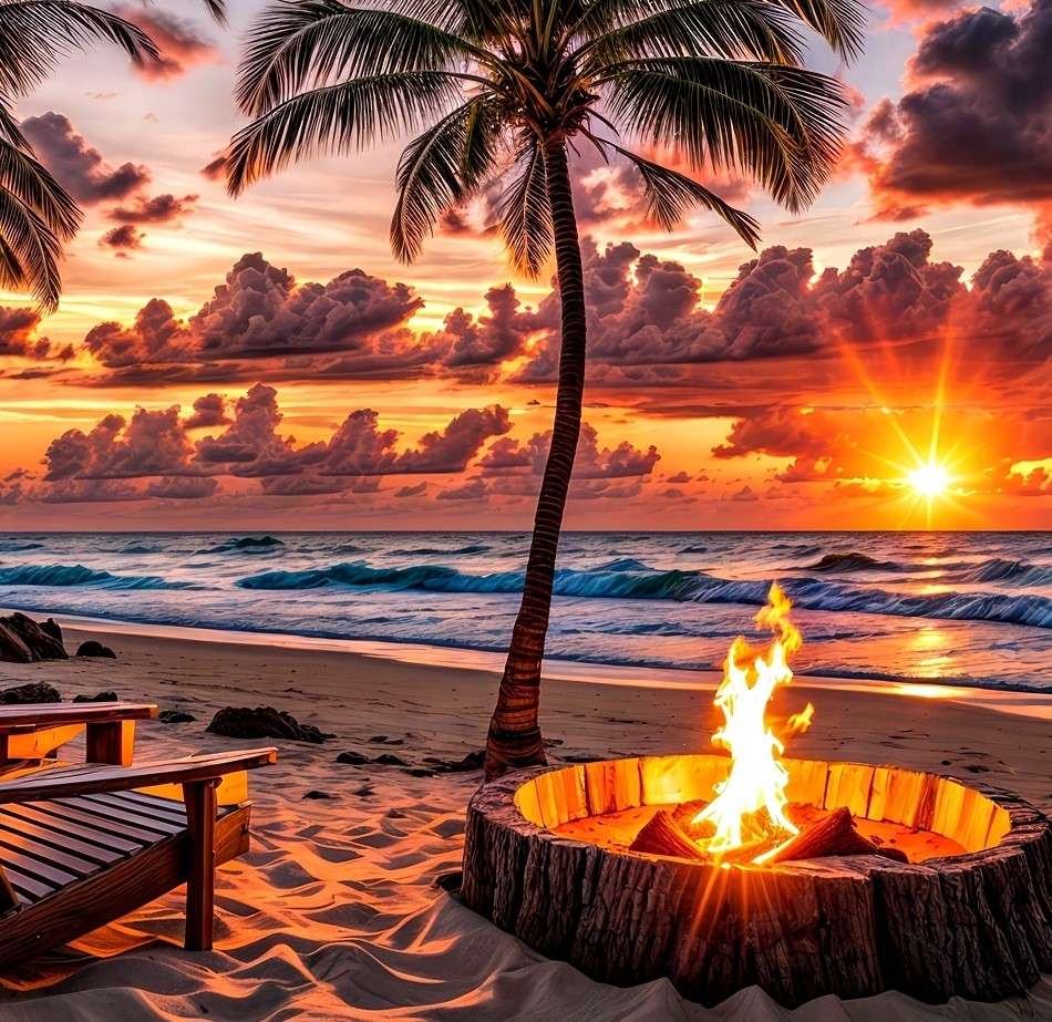 Ognisko na plaży przy zachodzie słońca puzzle online