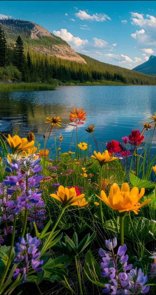 kwiaty jezioro górskie niebo puzzle online