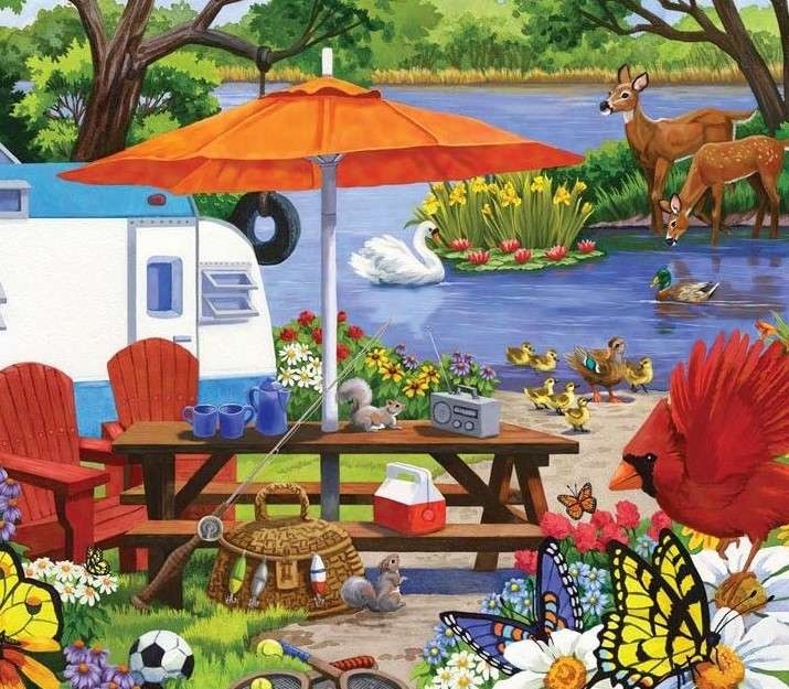 Piknik w kamperze nad jeziorem puzzle online