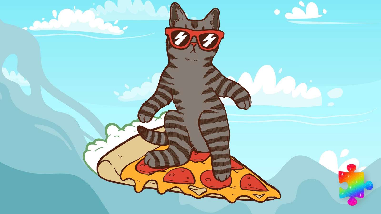 Surfujący kot po pizzy puzzle online