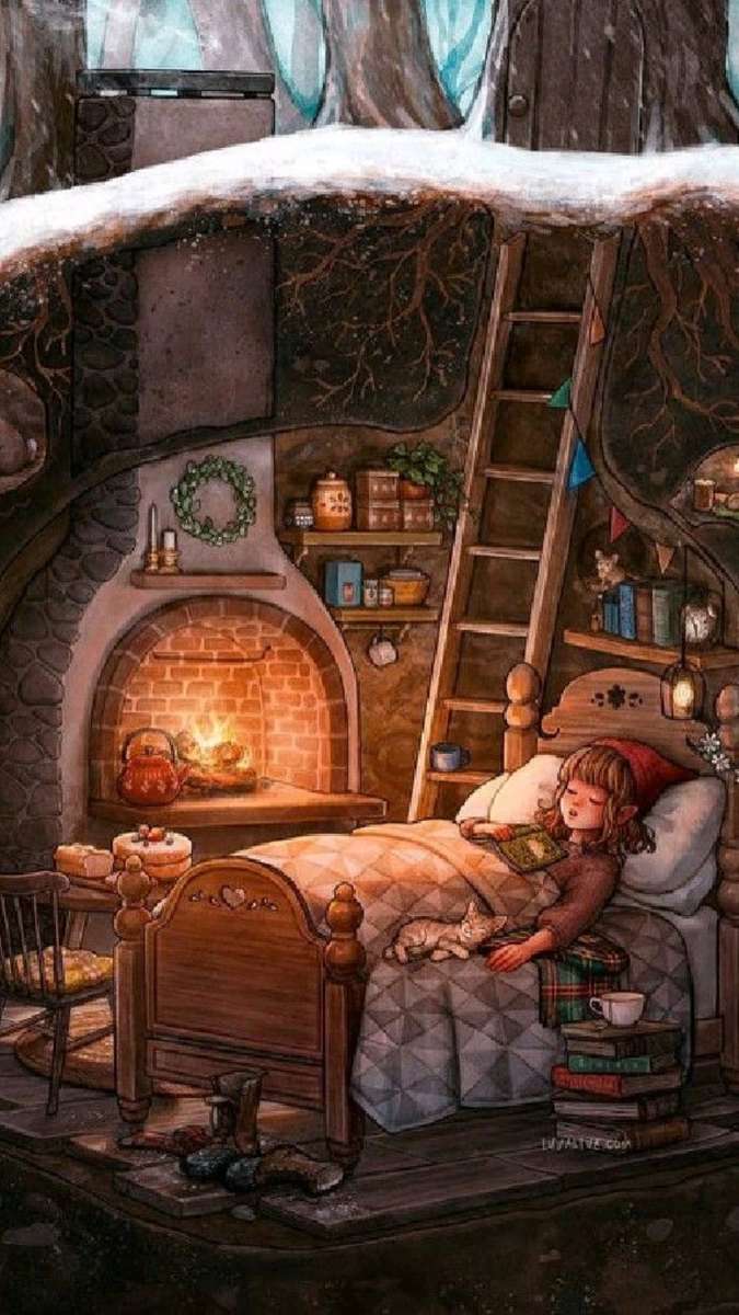 elf śpi w wygodnym łóżku przy ognisku puzzle online