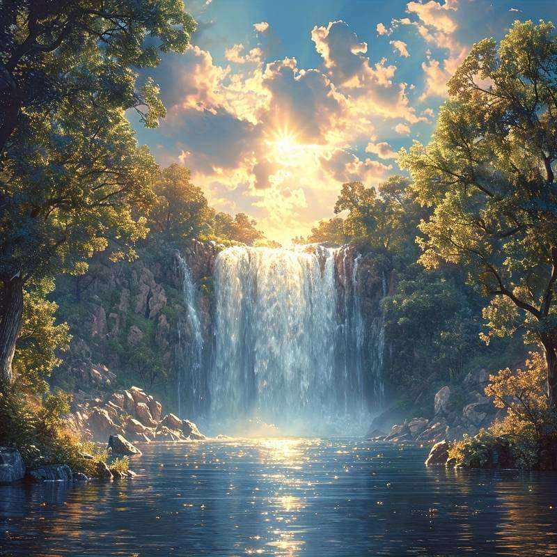 wodospad o zachodzie słońca puzzle online