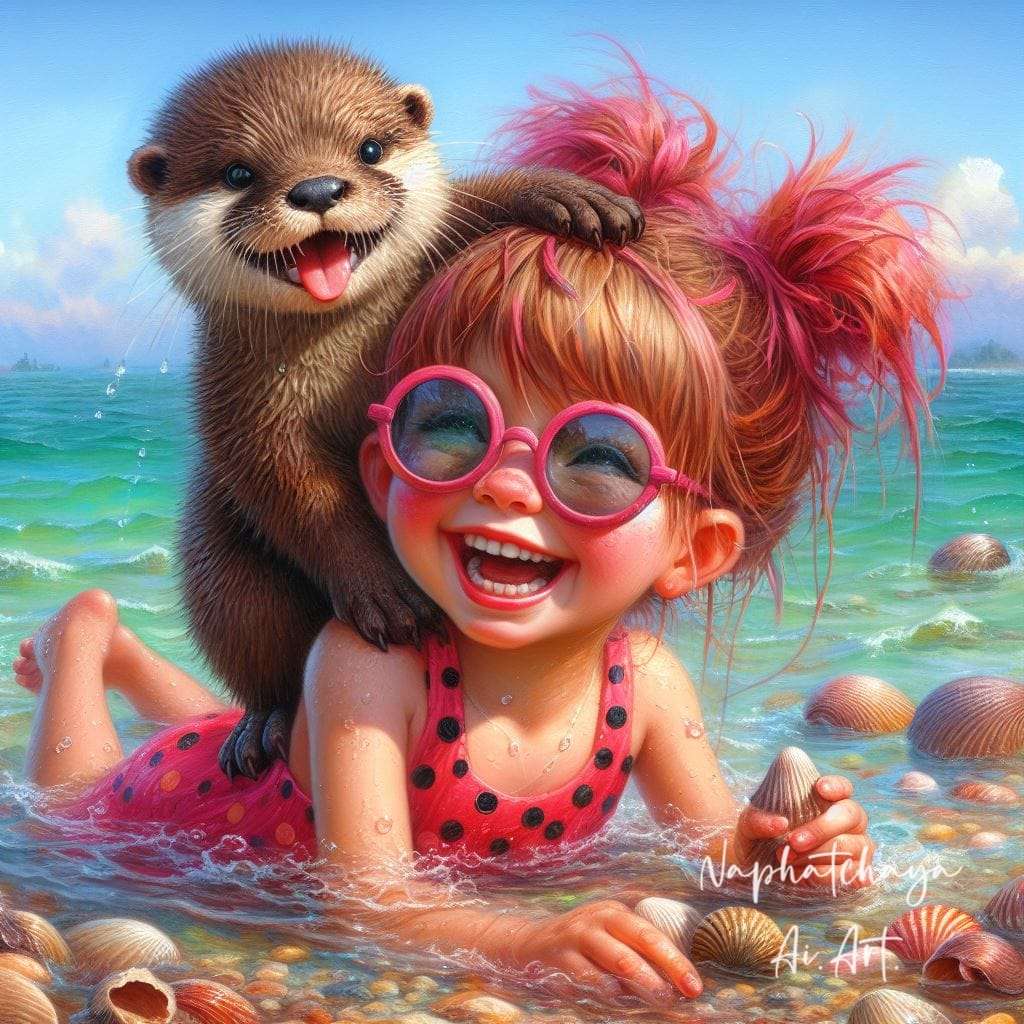 Dziewczyna z wydrą w wodzie puzzle online