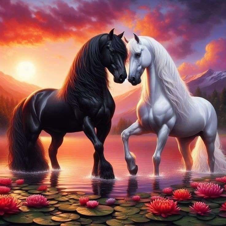 dwa konie o zachodzie słońca puzzle online