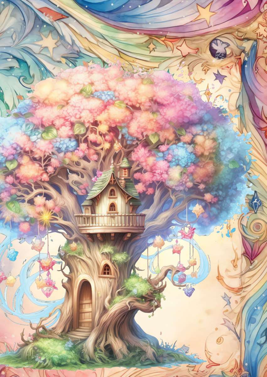 dom na kwitnącym drzewie puzzle online