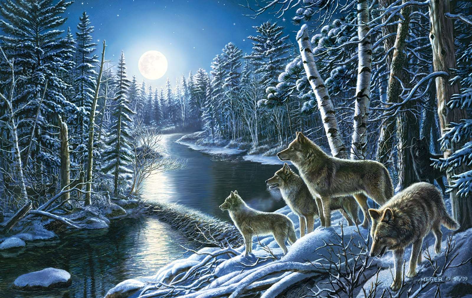 wilki na śniegu w świetle księżyca puzzle online