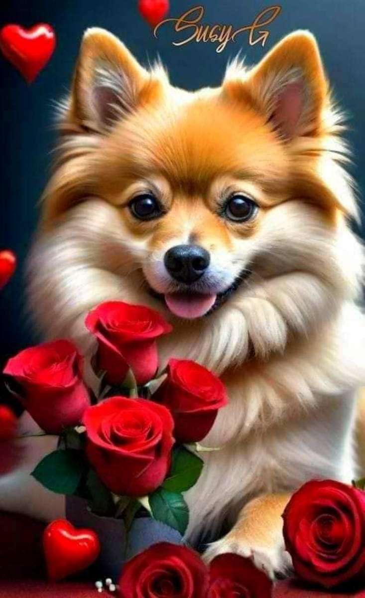 pies ze swoimi różami puzzle online