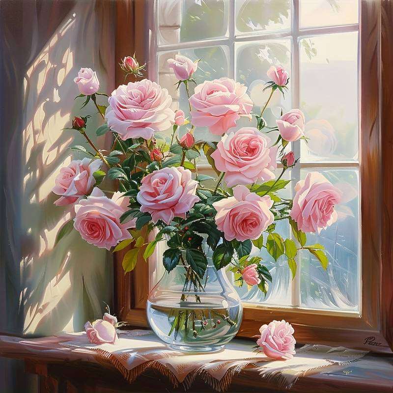 bukiet róż w oknie puzzle online