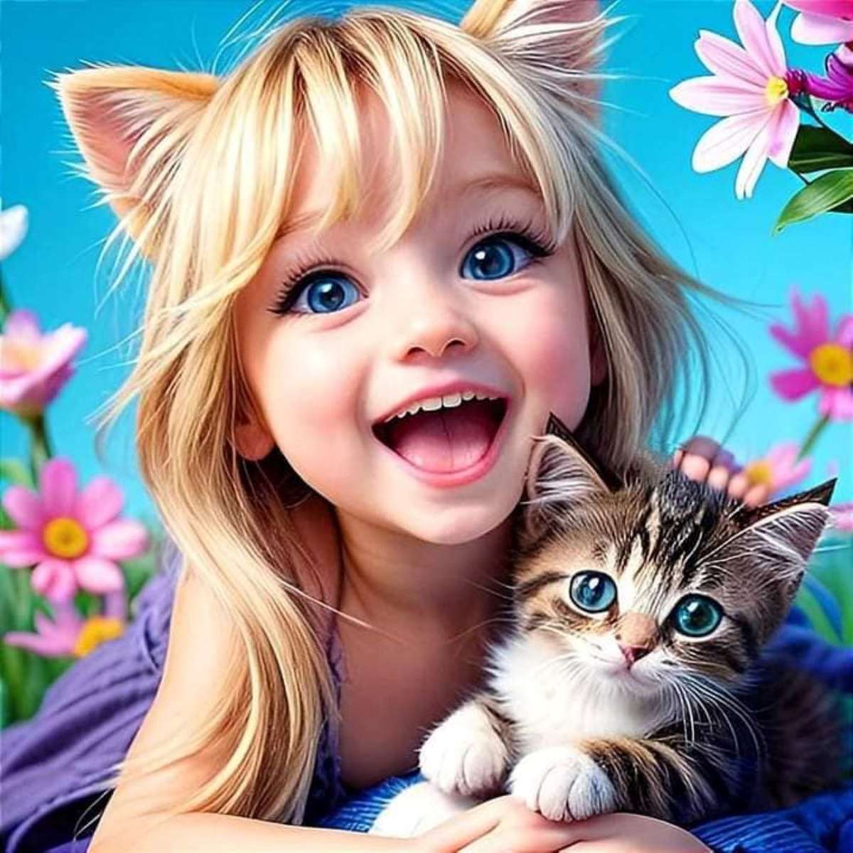 mała dziewczynka i jej kot puzzle online