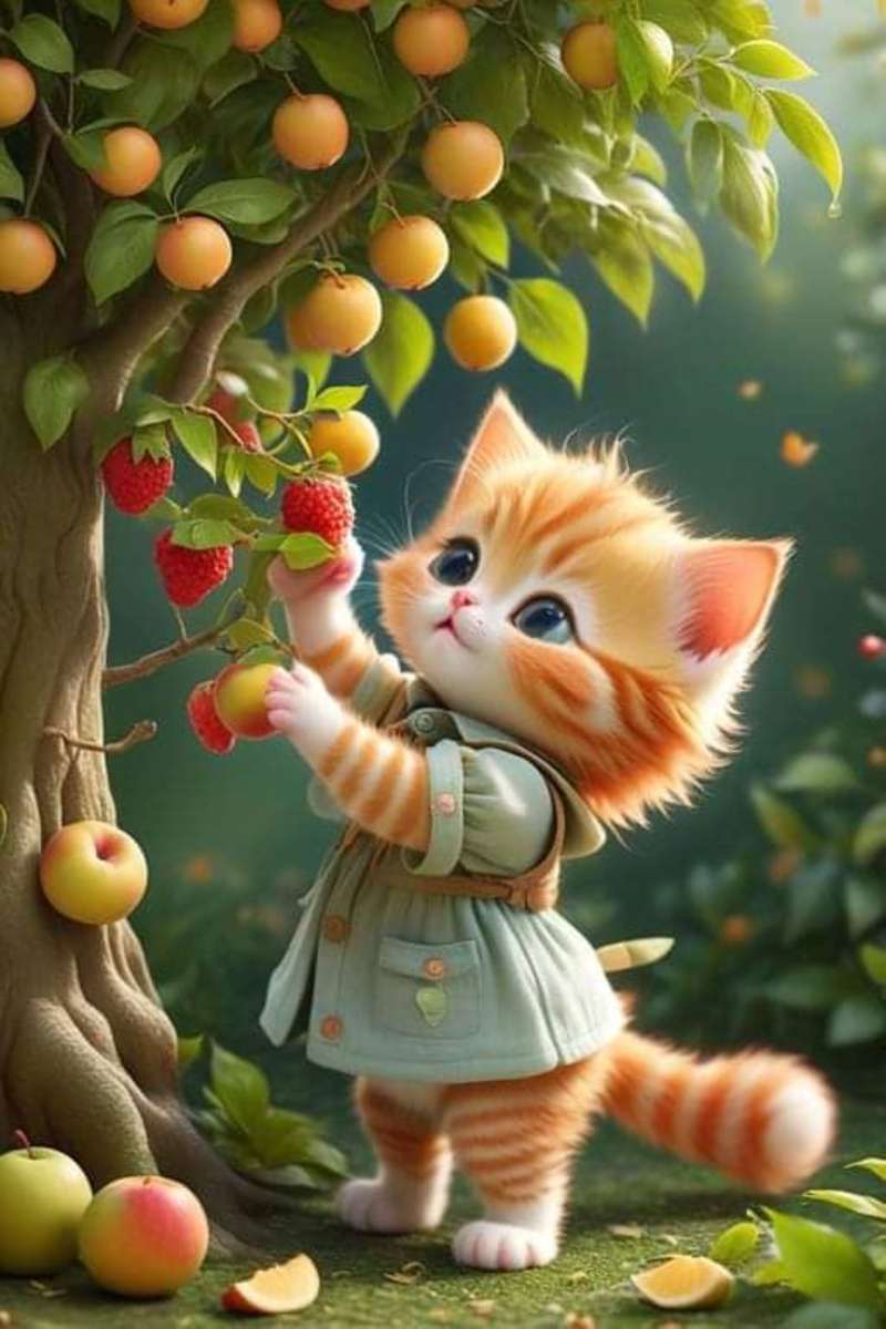 mały kotek, który zbiera owoce puzzle online