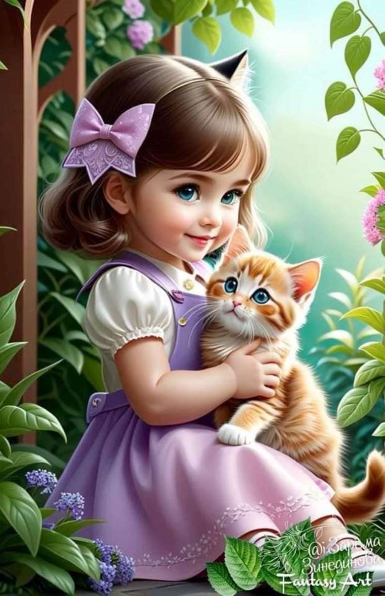mały kotek i dziewczynka puzzle online