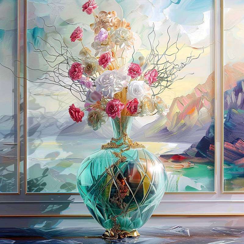 turkusowy wazon z kwiatami puzzle online