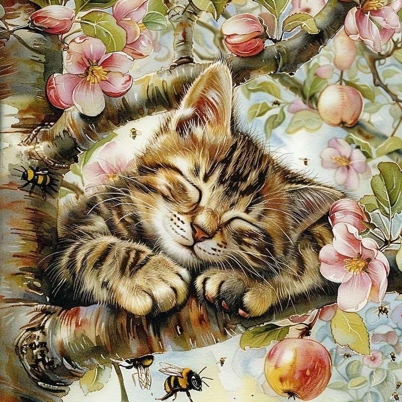 kotek śpiący na drzewie puzzle online