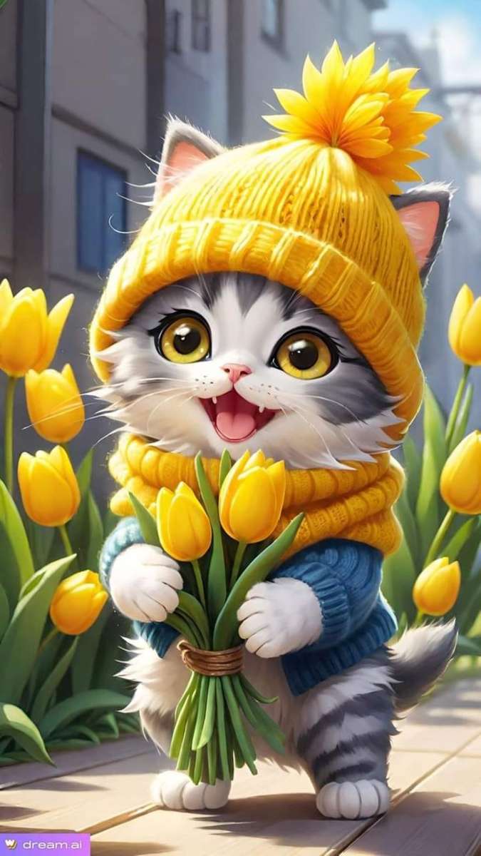 szczęśliwy mały kot z kwiatami puzzle online
