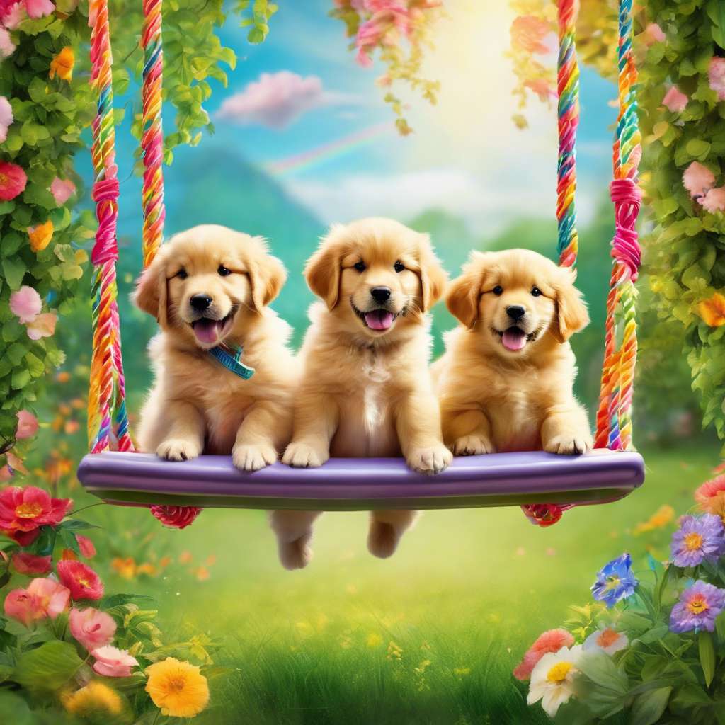 Szczeniaki golden retrievera na huśtawce puzzle online