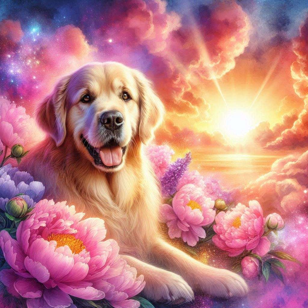 Golden retriever o zachodzie słońca puzzle online