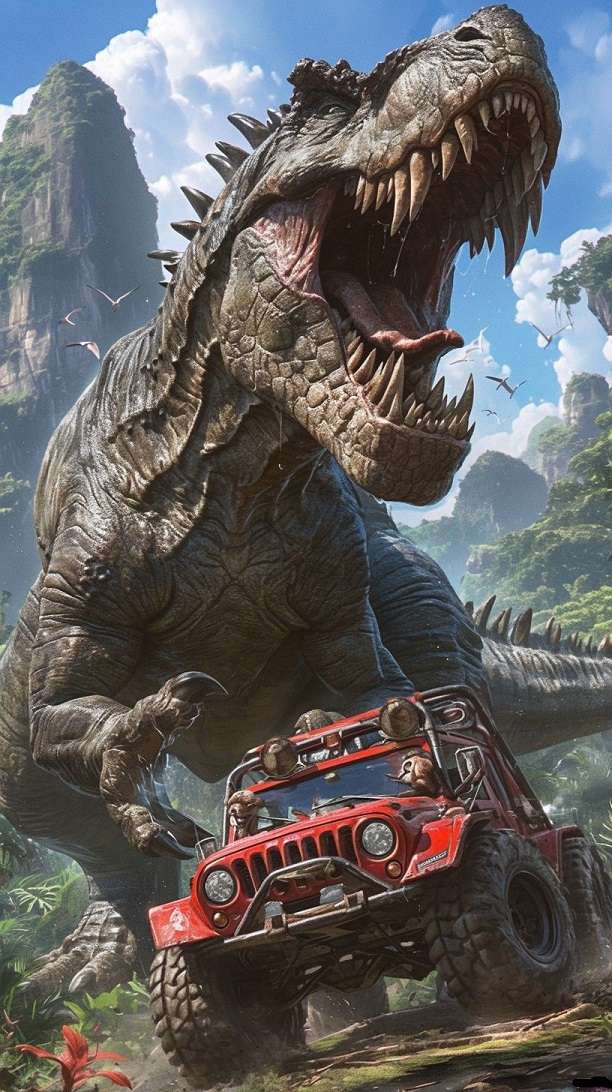 czerwony jeep t-rex puzzle online