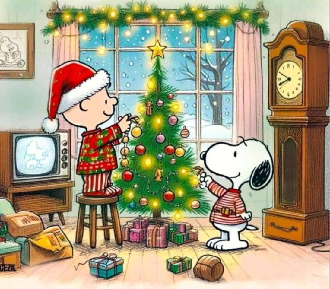 Charlie Brown i Snoopy przycinają choinkę puzzle online