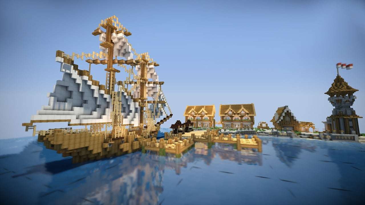 Łódź i wioska wodna Minecraft puzzle online