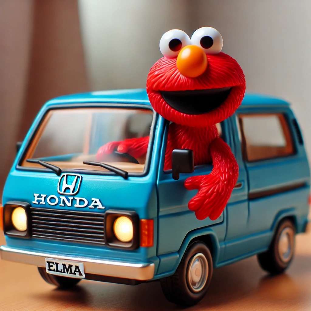 Elmo prowadzący niebieską furgonetkę Hondy puzzle online