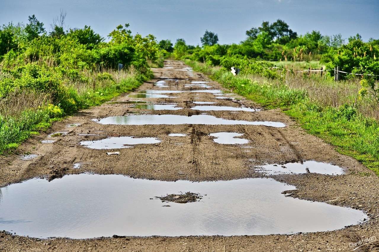 Droga gruntowa, kałuże, teren wiejski. puzzle online