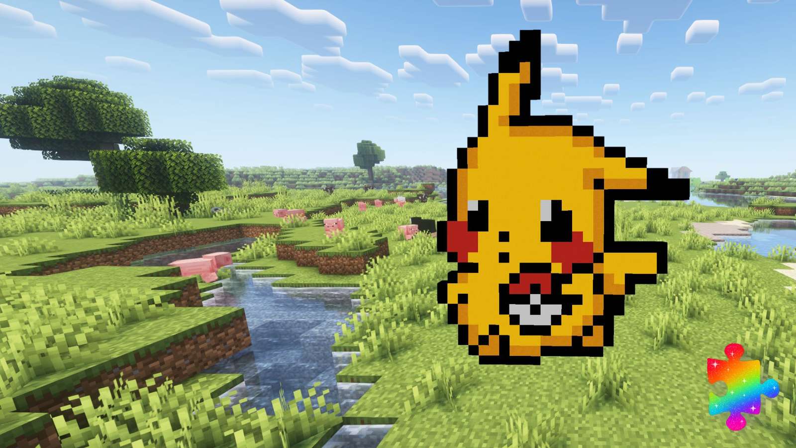 Minecraft Pokémon Pikachu ze swoimi zwierzęcymi przyjaciółmi puzzle online