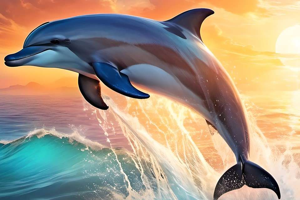 Delfin na tle zachodzącego słońca puzzle online