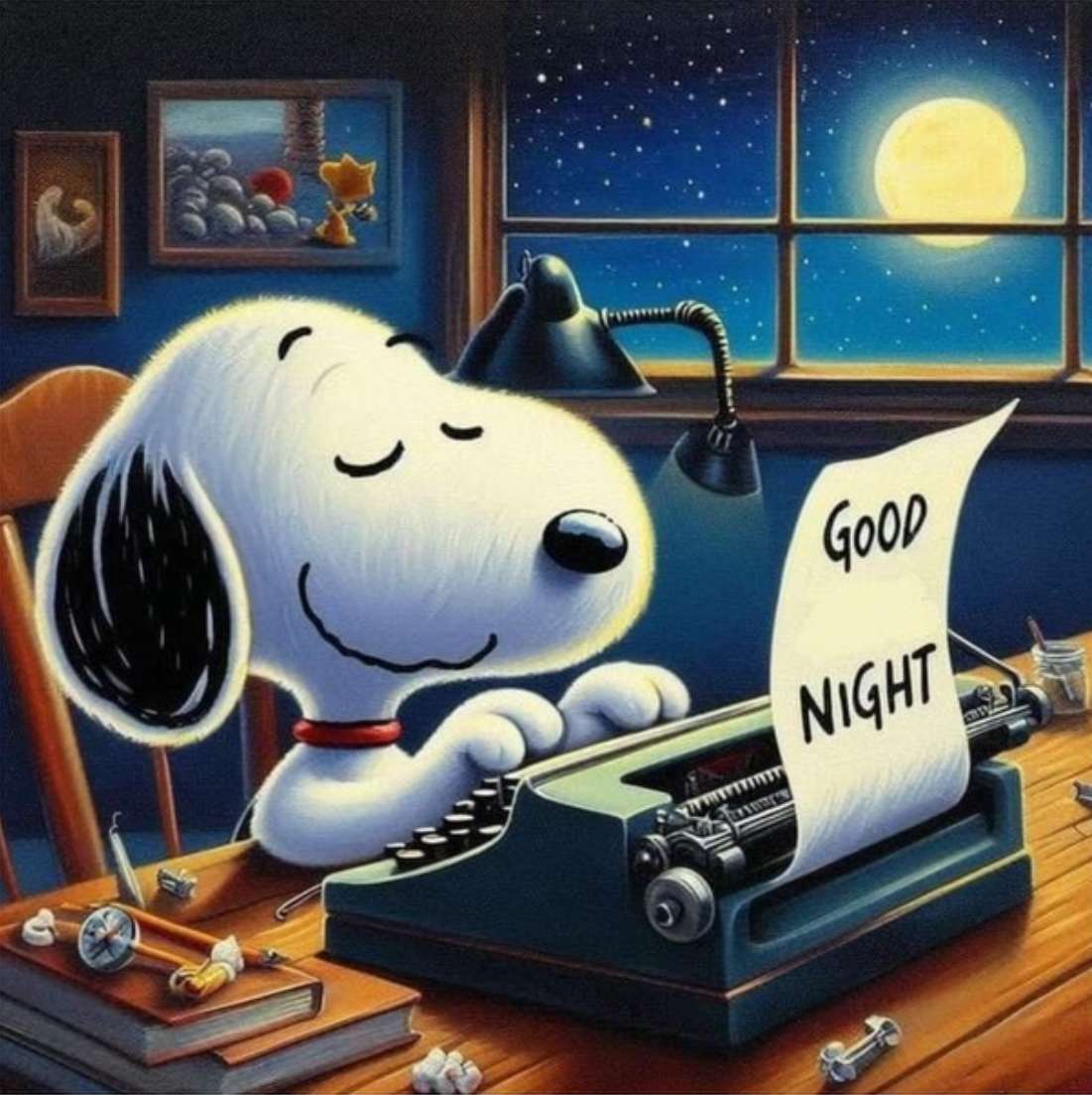 Snoopy pisze na zabytkowej maszynie do pisania puzzle online