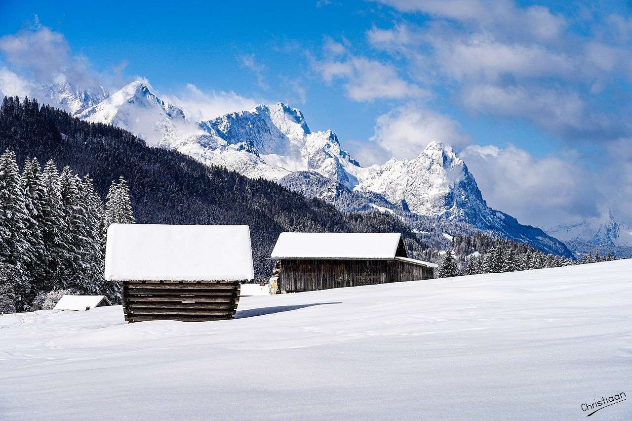 Zima, góry, stodoła na siano. puzzle online