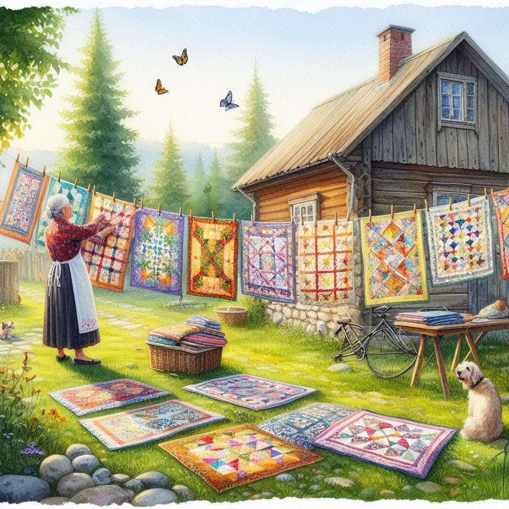 Kolorowe patchworkowe kołdry na sznurku puzzle online