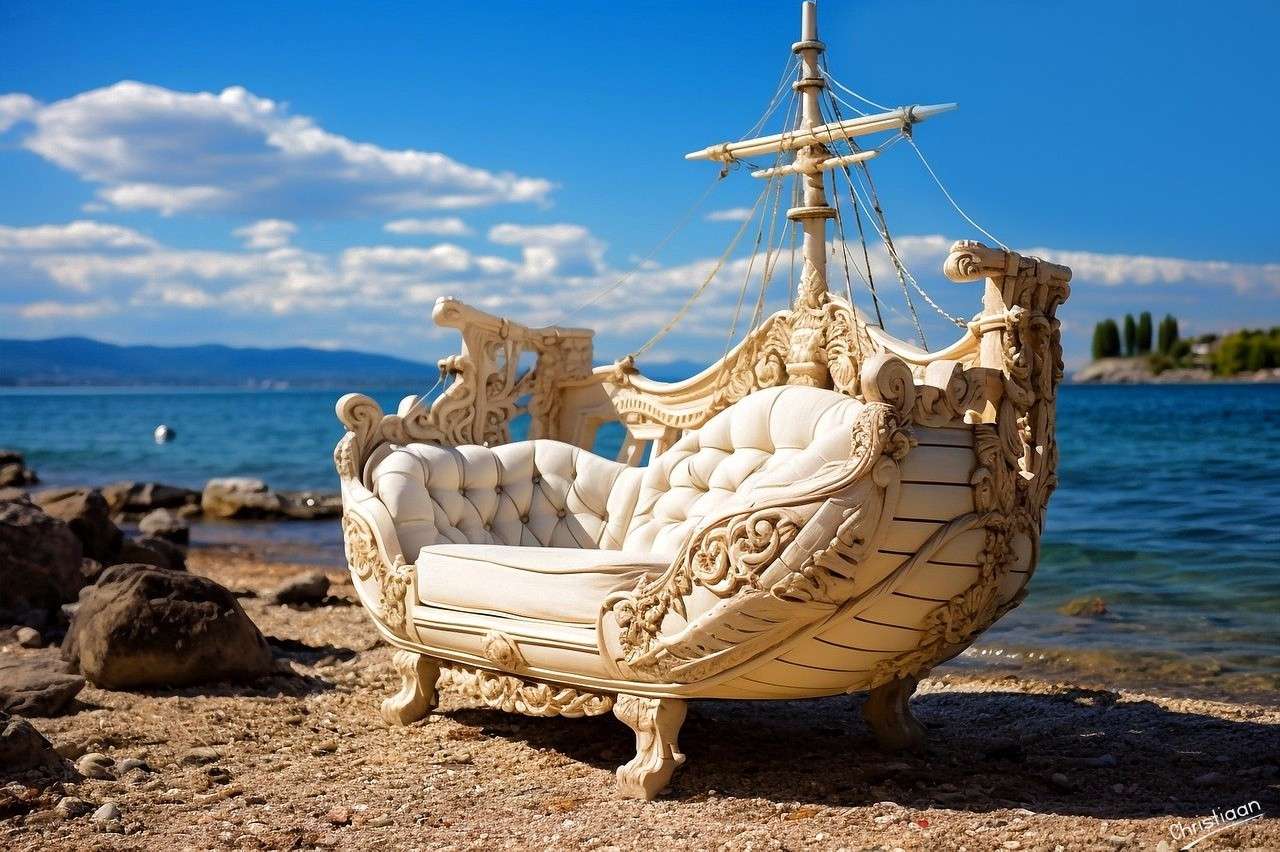 Sofa, na plaży, ciesz się. puzzle online