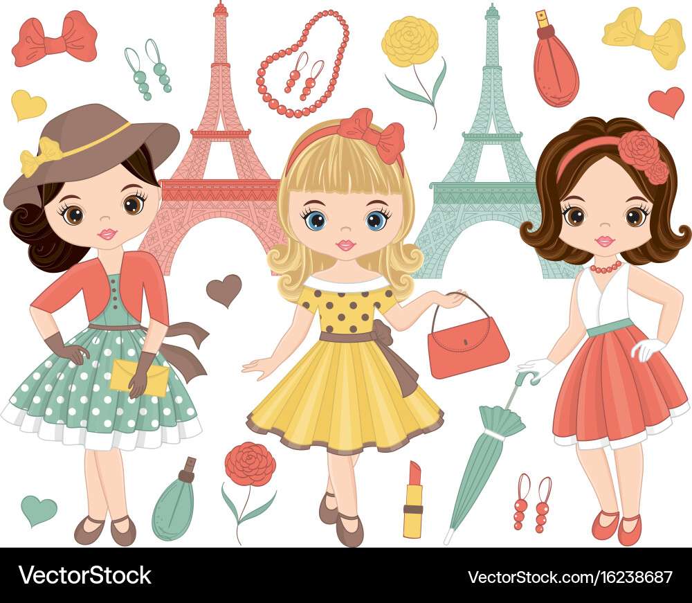 Set with cute little girls in retro style vector i puzzle online