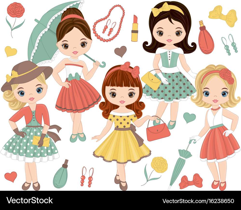 Set with cute little girls in retro style vector i puzzle online