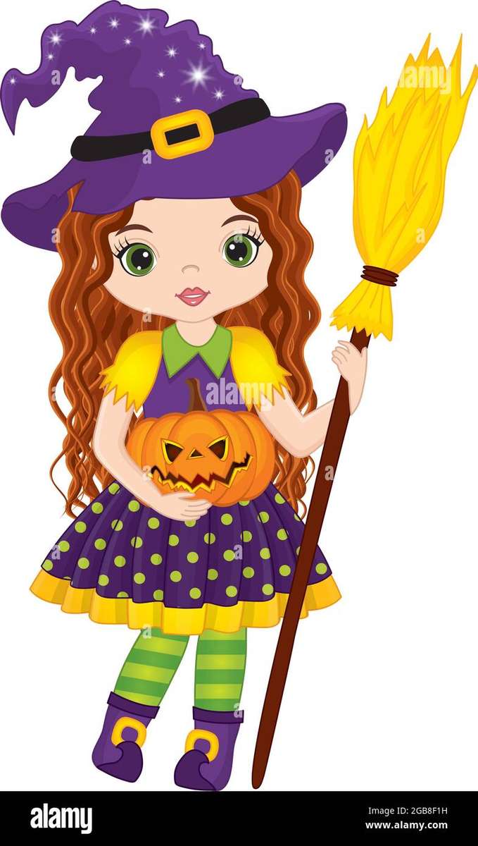 Cute Witch Holding Broomstick And Vector Halloween puzzle online