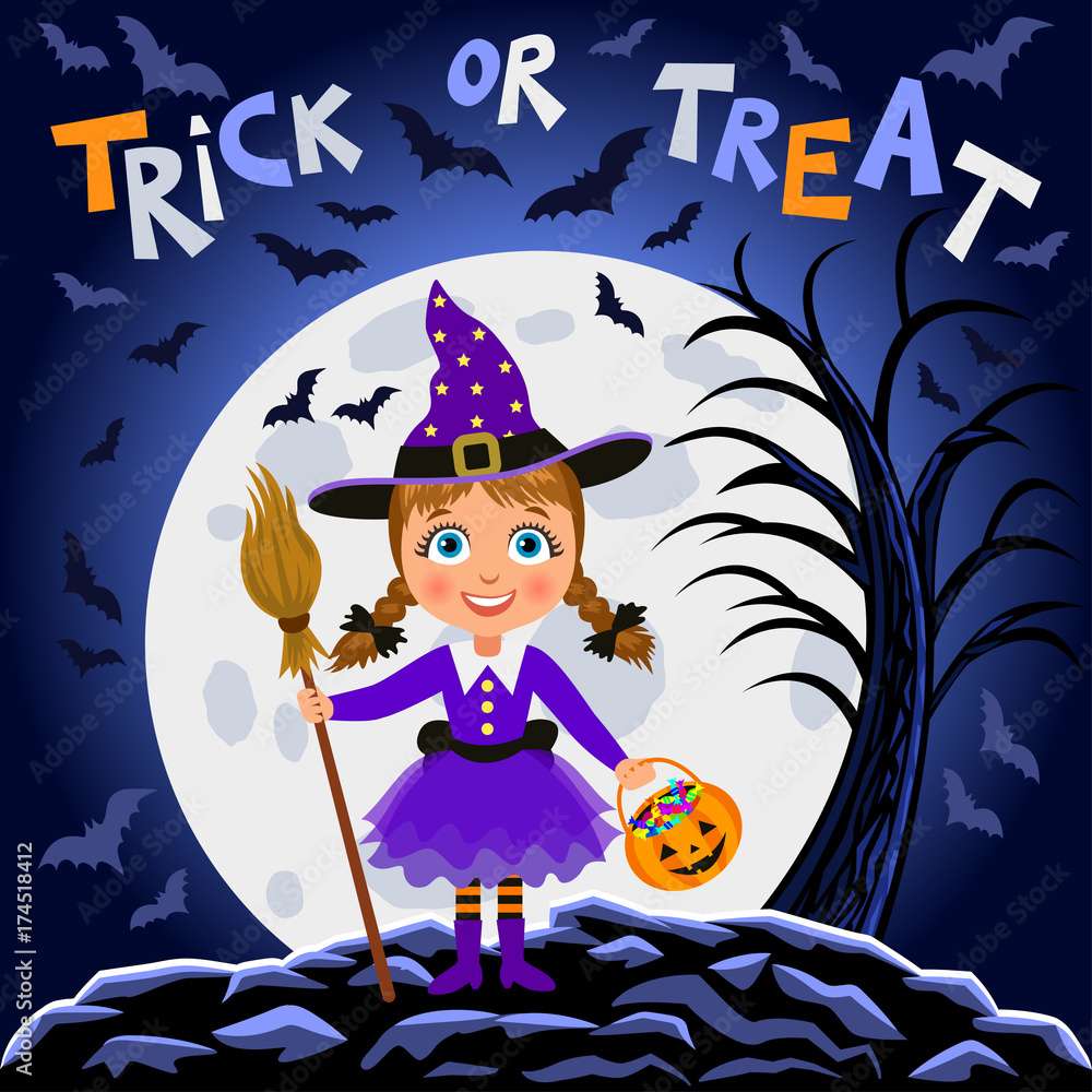 Happy Halloween. Girl in halloween costume on moon puzzle online