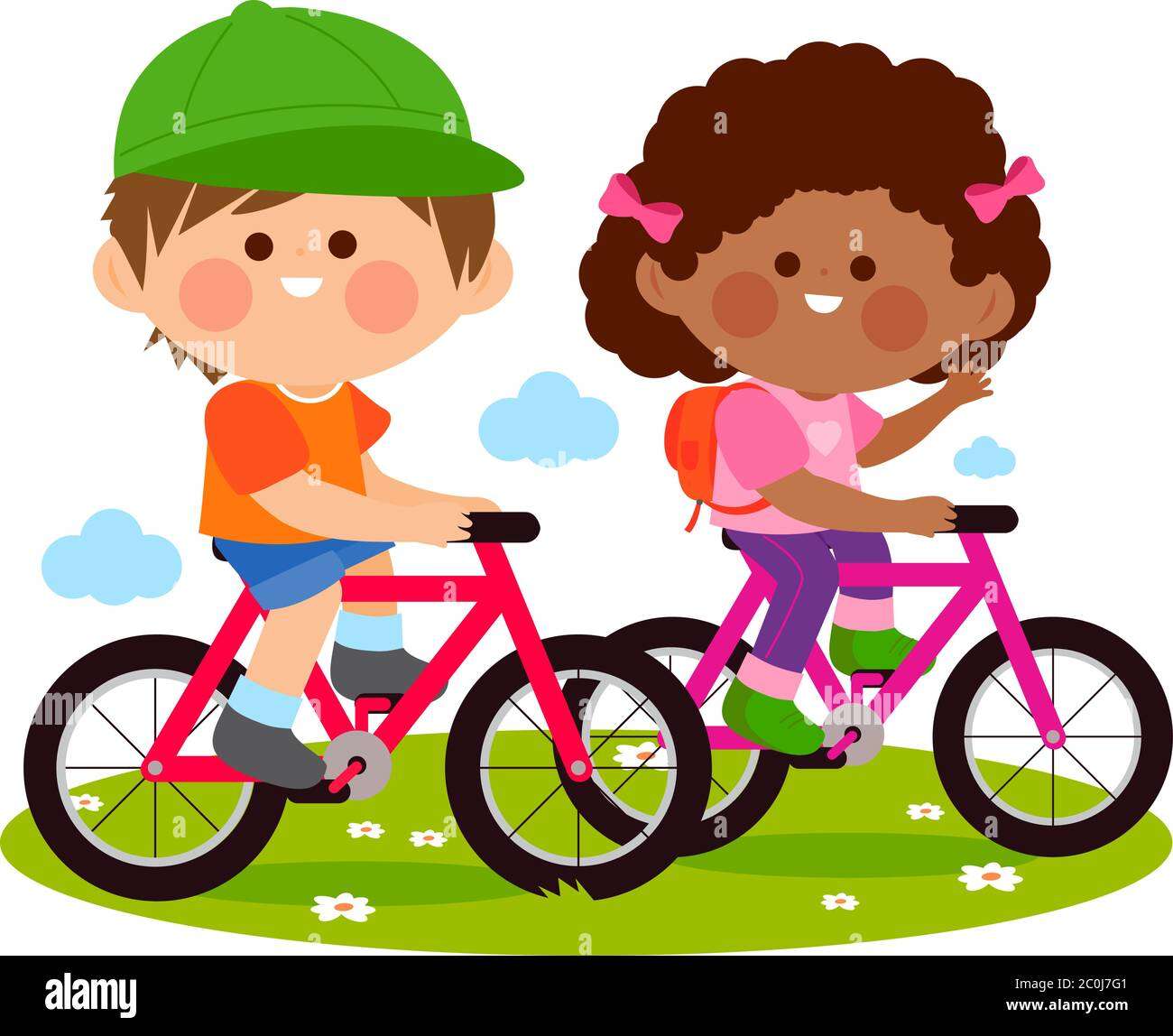 Children riding their bicycles at the park. Vector puzzle online