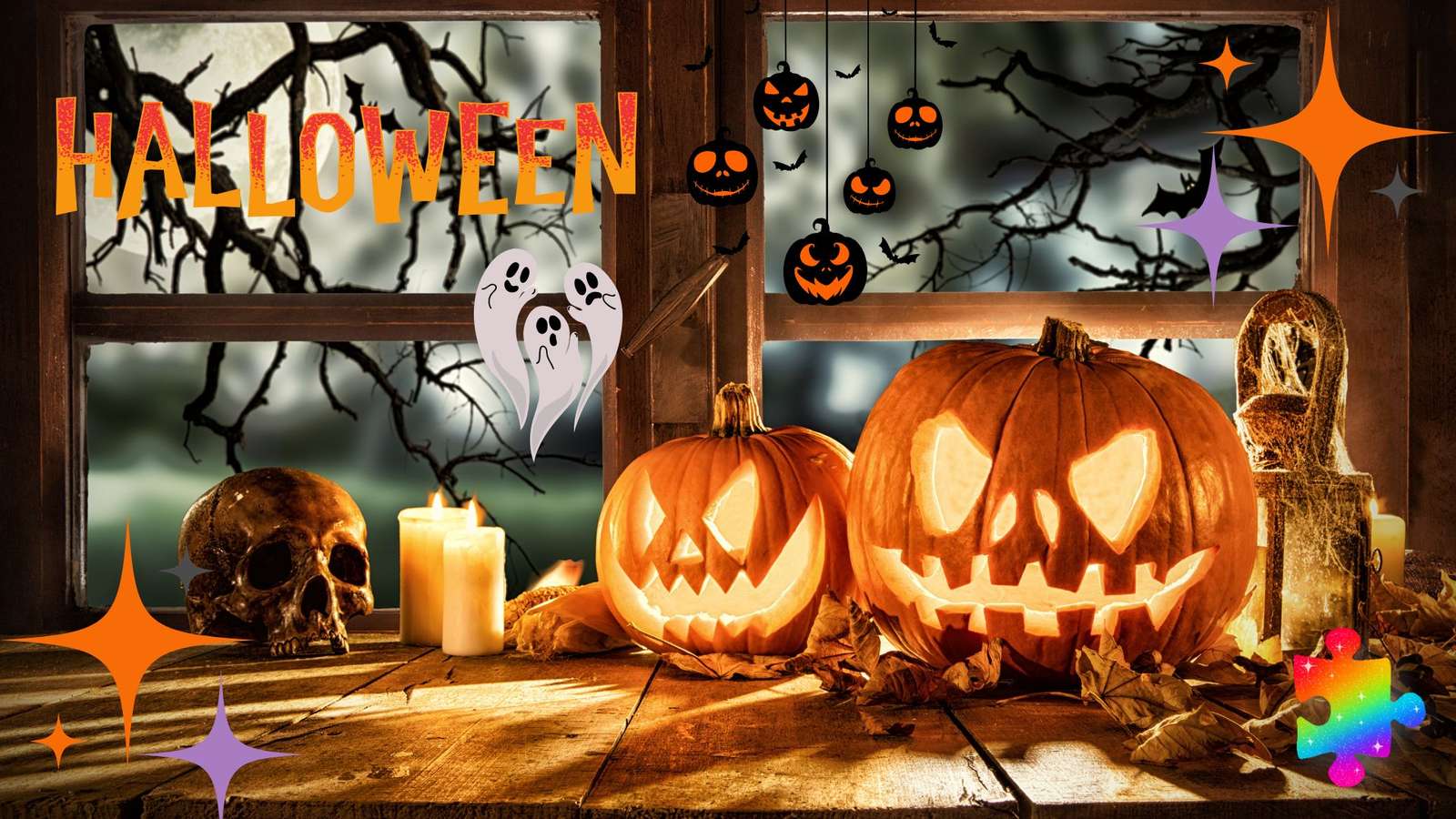 Upiorne okno Halloween: duchy, dynie i nie tylko! puzzle online