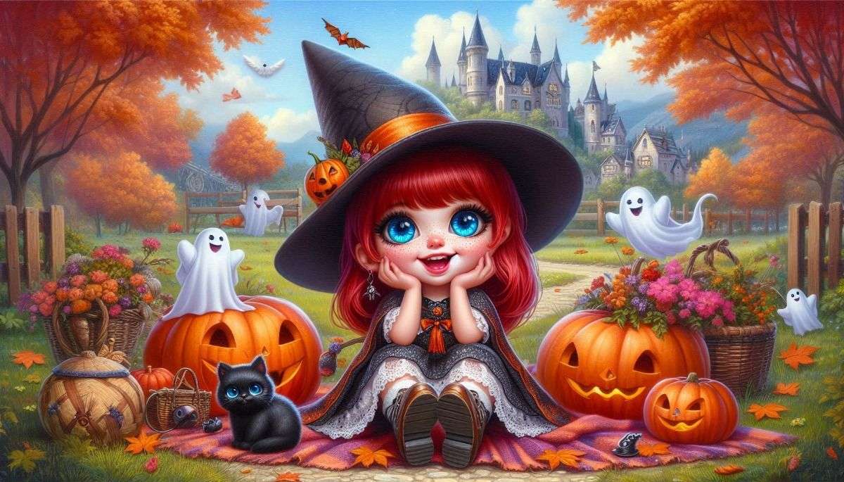 Mała czarownica z przyjaciółmi na Halloween puzzle online