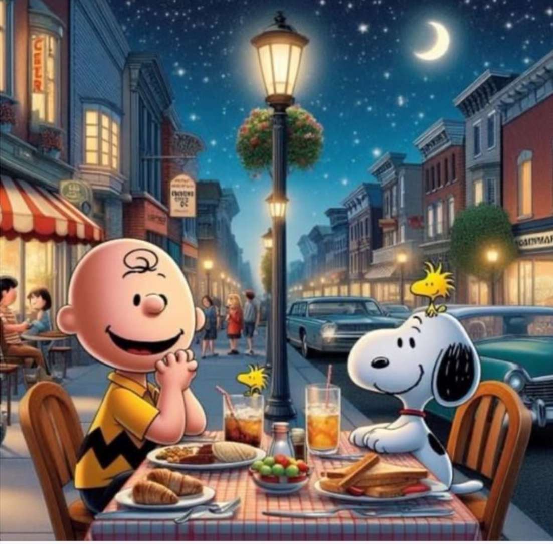 Jadalnia na świeżym powietrzu z bliskimi przyjaciółmi Snoopy’ego puzzle online