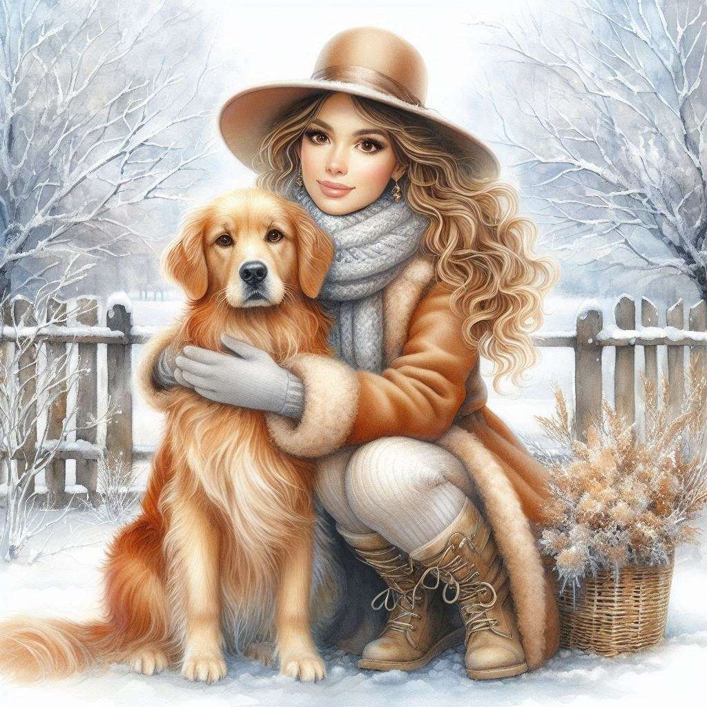 Ładna kobieta przytulająca Golden Retrievera puzzle online