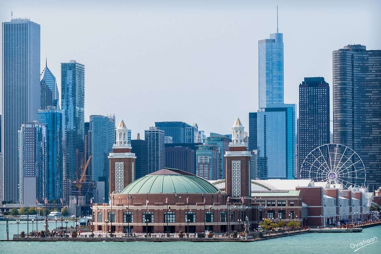 Molo marynarki wojennej, panoramę Chicago, widok na rzekę. puzzle online